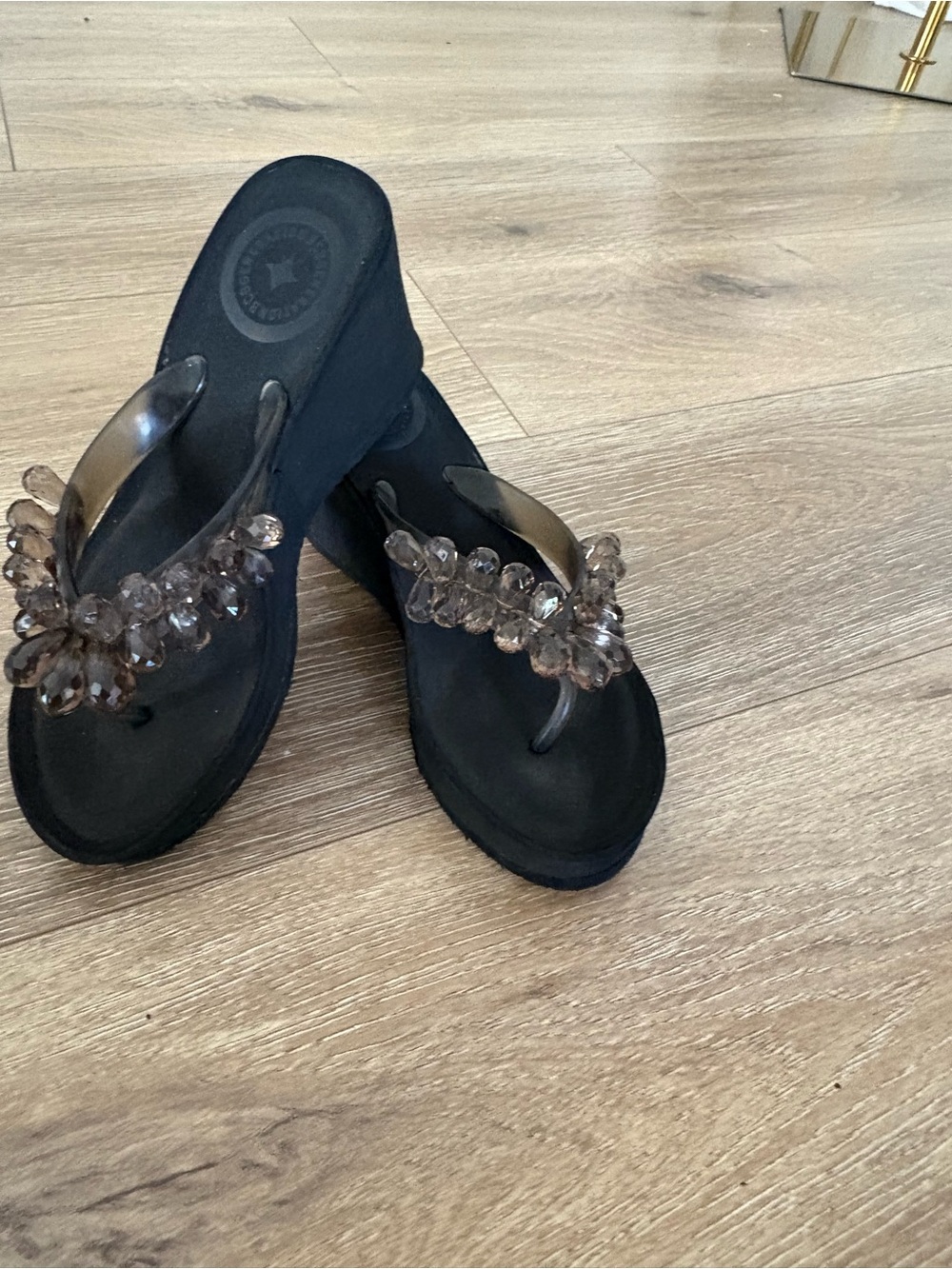 BCBG Black Wedge Thong Sandals with Smoky Bead Accents